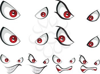Four expression for cartoon face with evil red eyes on white background.