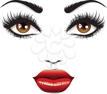 Eyes with long eyelashes and red lips, glamour portrait.