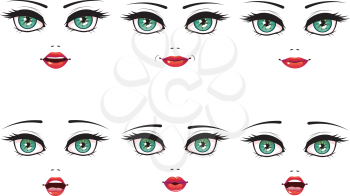 Collection of cartoon female face with green eyes in different expressions illustration.
