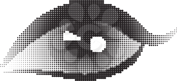 Stylized human eye with halftone effect in black and white.