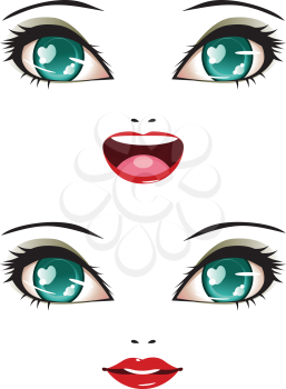 Smiling female face with stylized anime eyes of green color.