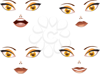 Cartoon smiling female face with yellow eyes on white background.