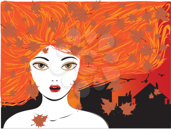 Illustration of girl with red hair, city and maple leaves background.