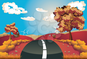 Autumn rural landscape with a road and trees illustration.