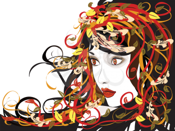 Art colorful illustration of woman face with autumn floral.