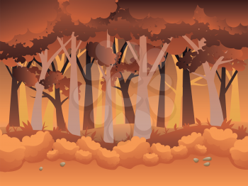 Stylized cartoon autumn forest landscape with shrubs, trees.