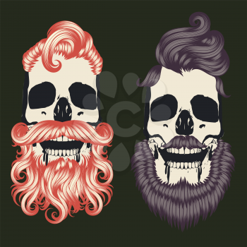 Bearded skull with hipster hairstyle for men, modern retro colorful design.