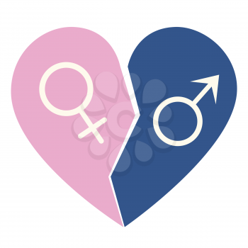 Symbolic gender signs inside of a heart, heterosexual relationship.