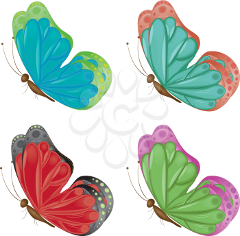 Abstract cartoon colorful butterflies on white background.