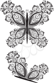 Vintage ornamental floral butterfly on white background.