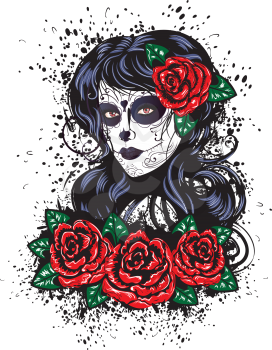 Vintage sugar skull girl with roses for Day of the Dead (Dia de los Muertos).