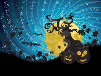 Halloween party background with glowing pumpkins, crooked tree and moon on starry sky.