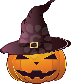 Smiling Halloween pumpkin dressed in magical witch hat.