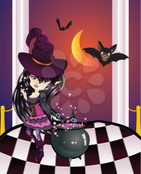 Cartoon witch girl with bats on balcony with checkered floor.