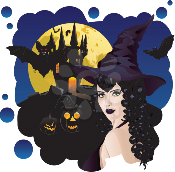 Halloween background with black haired witch, castle and bats silhouettes.