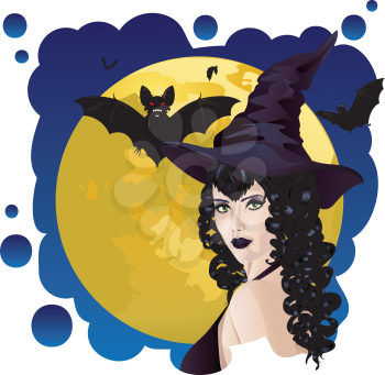 Halloween background with black haired witch and bats silhouettes.
