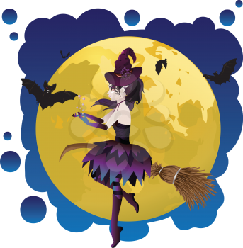 Halloween witch flying on a broomstick over yellow full moon.