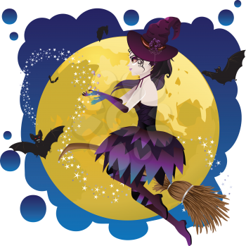 Halloween witch flying on a broomstick over yellow full moon.