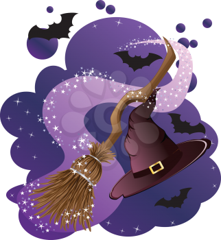 Old witch broom and hat on abstract purple background.