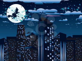 Halloween background with witch on a broomstick silhouette flying to the city.