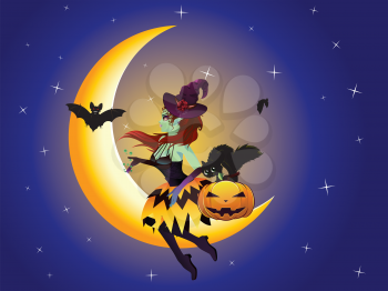 Cute halloween witch with black cat on the crescent moon.
