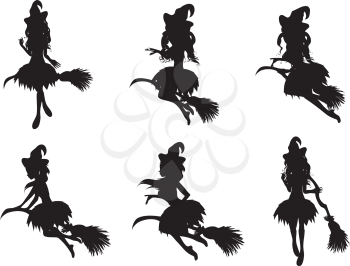 Stylized silhouettes of the Halloween witch on a broomstick.