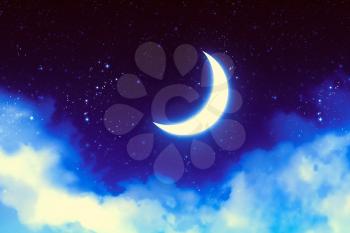 Fantasy crescent moon on blue starry sky with clouds background.