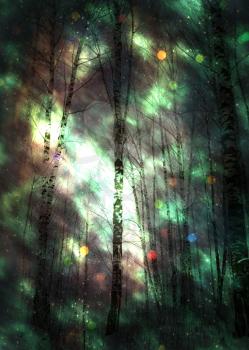 Glowing starry space with winter forest illustration, photomanipulation.