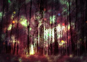 Glowing starry space with winter forest illustration, photomanipulation.