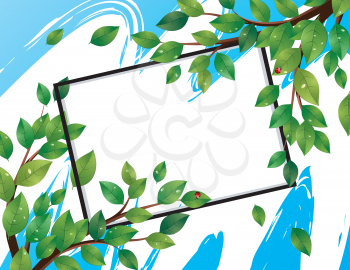 Spring, summer themed banner with green leaves on a tree branch.