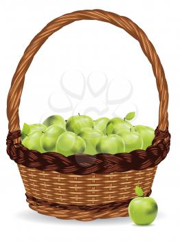 Fresh green apples in a basket on white background.