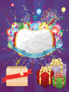 Holiday background with colorful banner, shopping bags and gift boxes.