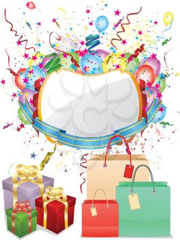 Holiday background with colorful banner, shopping bags and gift boxes.
