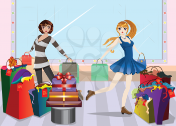 Cartoon fashion girls in casual outfit with shopping bags at shopping.