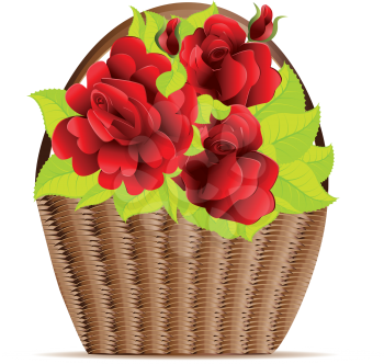 Illustration of floral basket with red roses on white background.