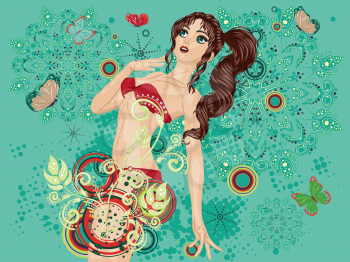 Girl in red bikini over green background with floral and butterflies.