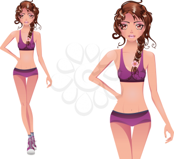 Sporty girl with brown hair in purple swimsuit and sneakers.