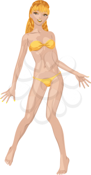 Beautiful cartoon blonde girl in yellow bikini on white background.