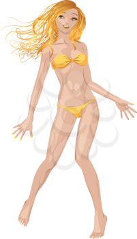 Beautiful cartoon blonde girl in yellow bikini on white background.