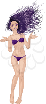 Cartoon girl in violet bikini with wind blowing in her hair.
