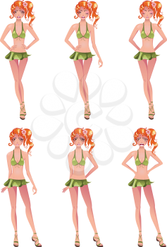 Red haired grid girl in green outfit, six different poses and facial expressions.