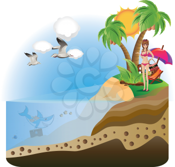 Cartoon girl in swimsuit on a tropical island.