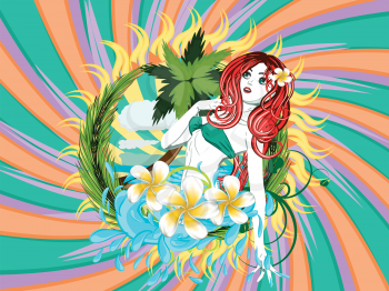 Beautiful island girl in green bikini with red hair and plumeria flower.
