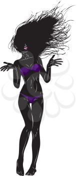 Silhouette of a beautiful girl in violet bikini with wind blowing in her hair.