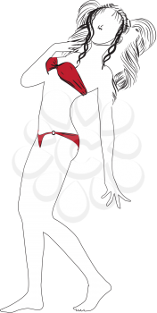 Line art style image of a beautiful female figure in red bikini on white background.