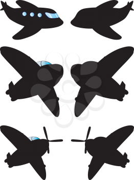 Simple black silhouettes of an airplane on white background.