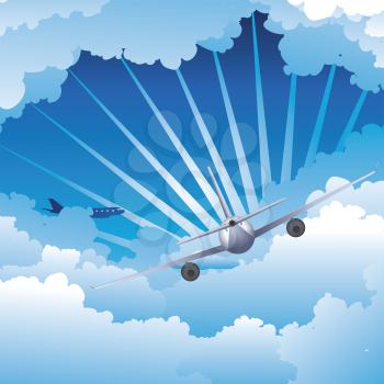 Cartoon airplane on a blue sky with clouds, travel background.