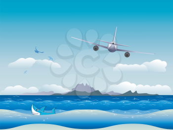 Big airplane fly in the sky over seascape background.