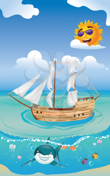 Cartoon old wooden sailing ship in the tropical sea.