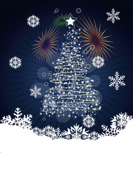 Winter holiday card with abstract Christmas tree and decorative snowflakes.